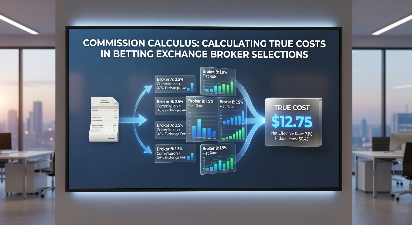 Detailed calculator interface demonstrating commission formulas, fee breakdowns, and projected net yields for various broker scenarios in betting exchanges