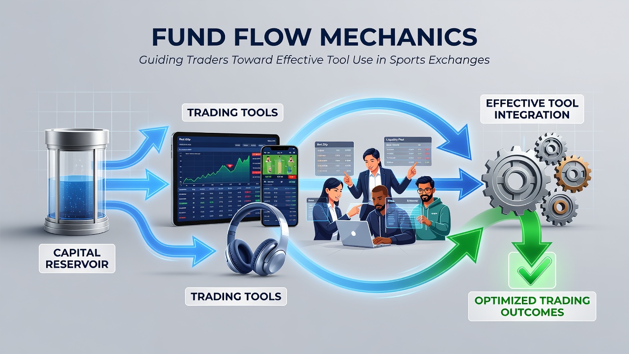 Screenshot of trading dashboard displaying real-time fund flows, position tracking, and tool integrations in a sports exchange environment