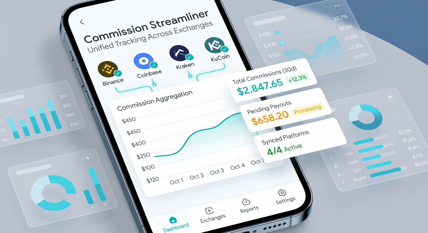User interacting with commission analytics screen on a smartphone showing multi-exchange fee comparisons and historical trends