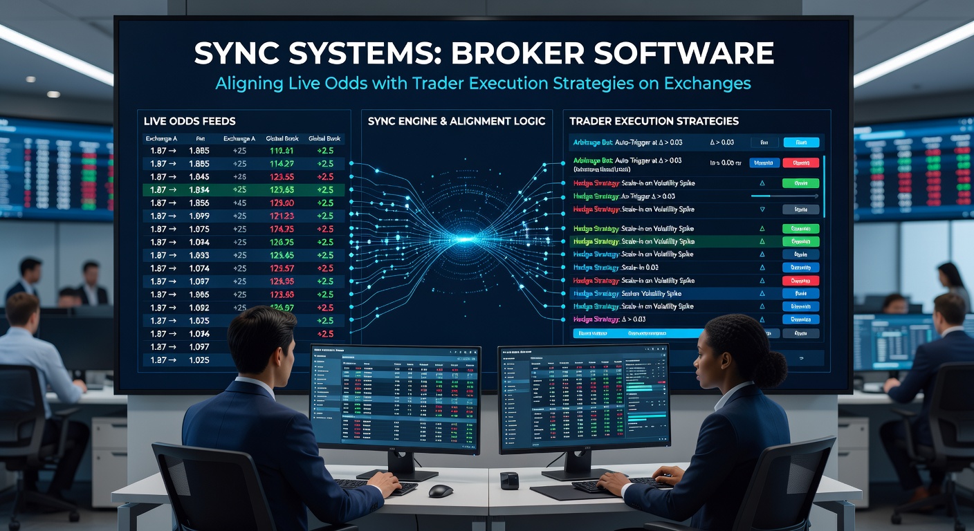 Technical diagram illustrating data flow from live odds APIs through broker sync software to trader execution modules on exchanges