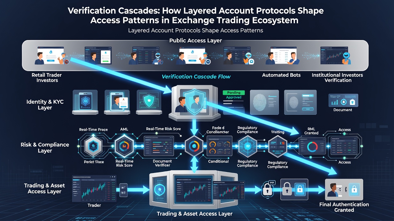 Flowchart showing how cascading account verification steps redirect trading flows and access timing across different user segments in exchange environments