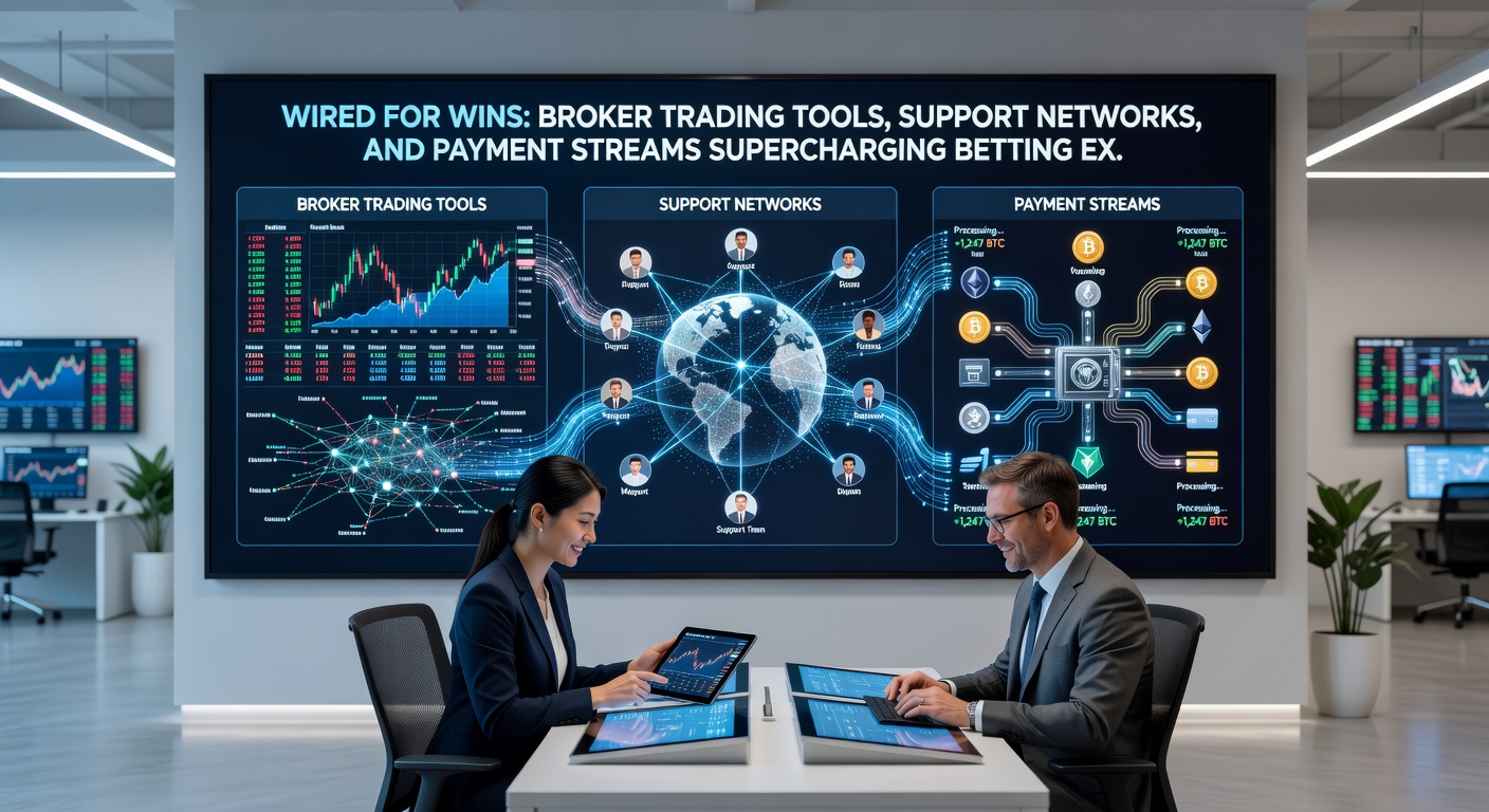 Illustration of interconnected payment streams and support icons fueling a betting exchange trading interface